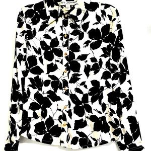 ST JOHN black floral off white silk blouse
